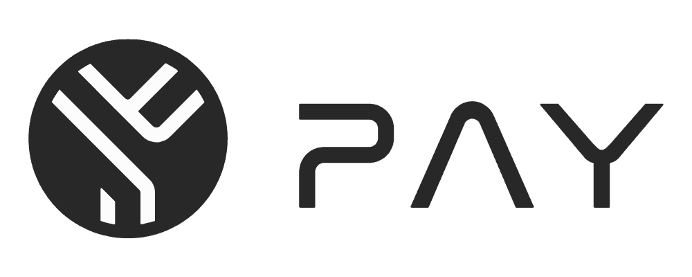 Logo for PAY, featuring a stylized white 'Y' in a black circle next to the word PAY.